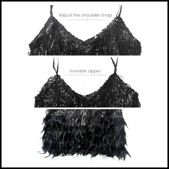 Sequin Tassel Fringe Mini Dress Retro V Neck Spaghetti Strap Party Elegant - Picture 5 of 7